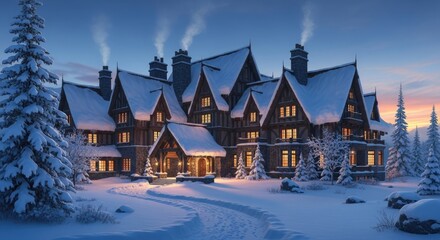 Grand house covered in winter snow scenery landscape