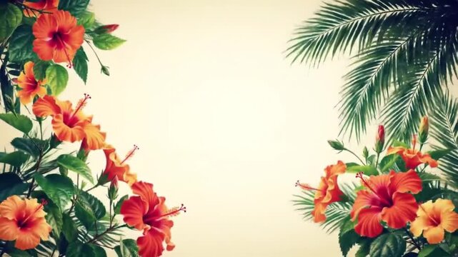 Vibrant Hibiscus and Palm Fronds Tropical Floral Frame