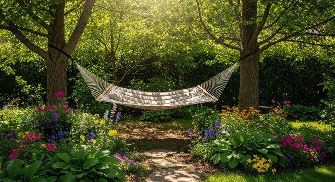 Hammock hangs between trees in garden setting with vibrant flowers sunlight and peaceful atmosphere - Powered by Adobe
