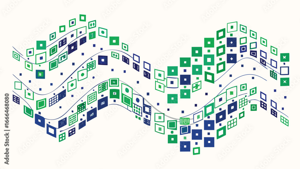Poster abstract wave pattern with green and blue squares and dots on a light cream colored background