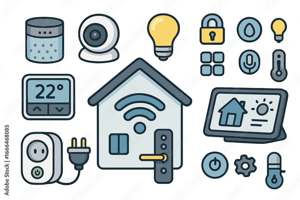 Poster smart home automation technology icon set. vector cartoon illustration of iot devices. wireless syst