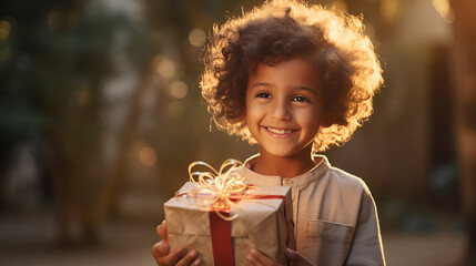 Curly child holding birthday present outdoors