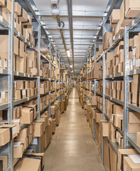 Warehouse Aisle with Organized Shelving and Boxes