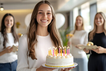 Young caucasian female celebrating birthday with friends and cake indoors