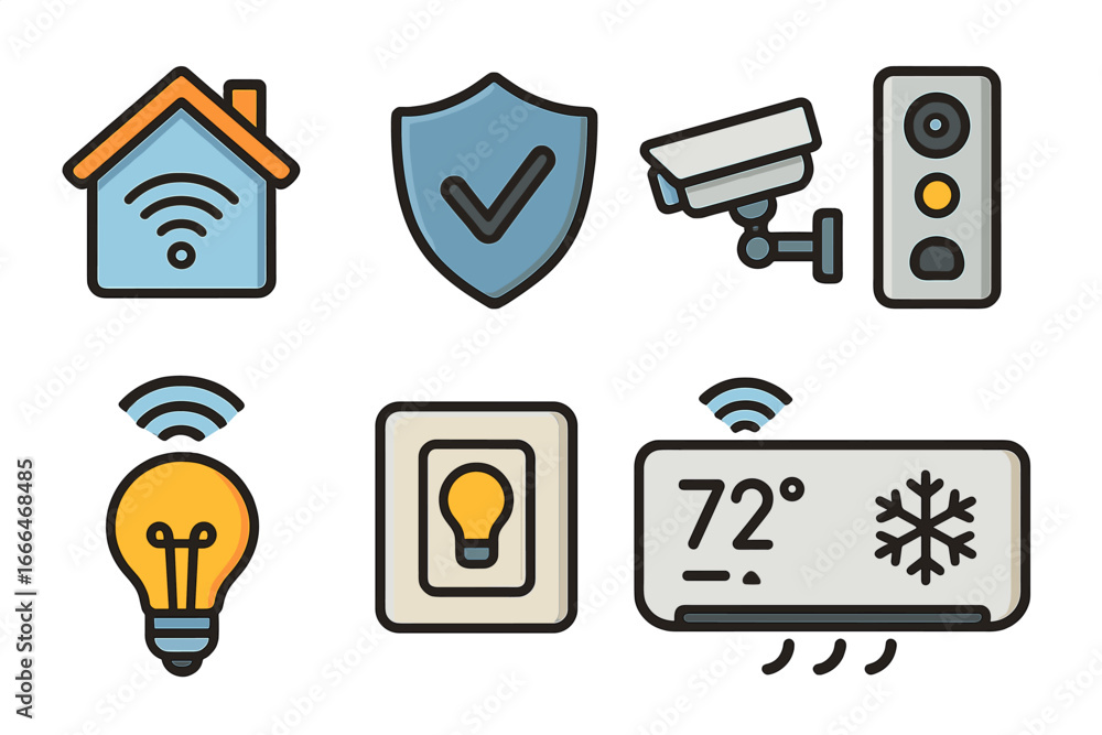 Poster smart home icon set vector. house automation system symbols. connected devices for security, lightin