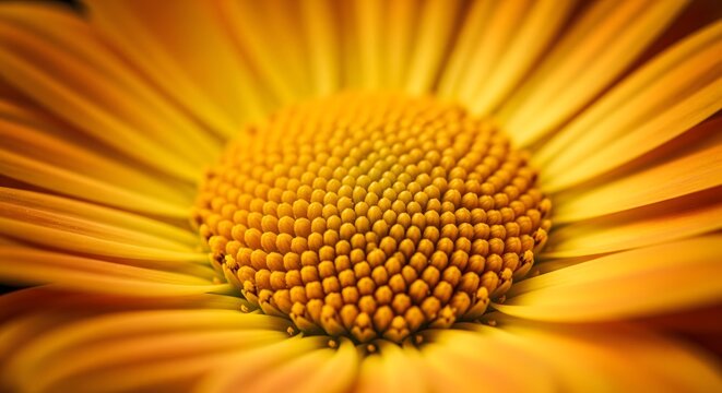 A vibrant macro photograph of the center of a yellow daisy like flower, showing intricate details of the petals and pollen. A beautiful nature background.