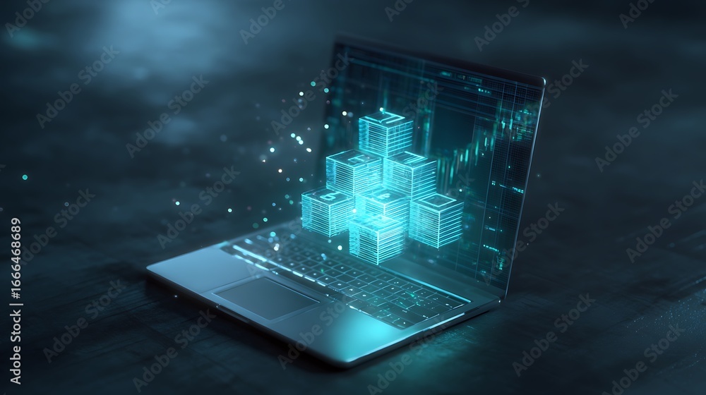 Poster digital blocks emerge from a laptop symbolizing data processing cybersecurity or the building blocks