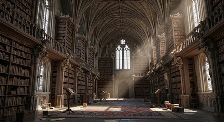 Fototapeta premium Immersive grand library interior with towering bookshelves arched architecture light and classic design evoking knowledge history and scholarly pursuits 