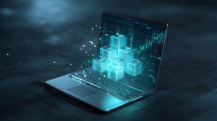 Digital blocks emerge from a laptop symbolizing data processing cybersecurity or the building blocks of the internet Technology concept