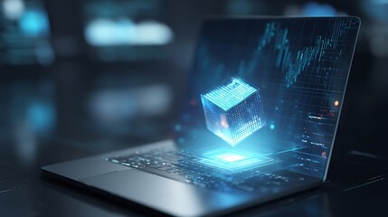 Futuristic laptop displaying data and 3D cube symbolizing advanced technology data processing and innovation in a digital age
