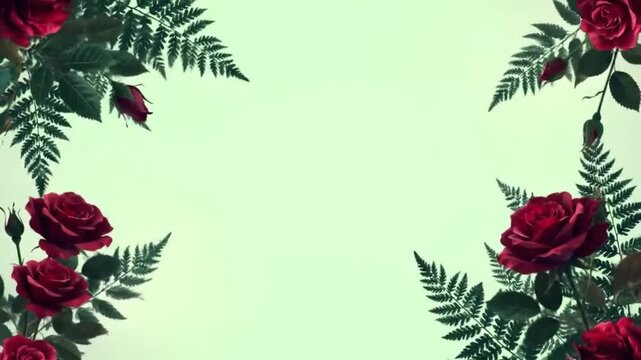 Elegant Arrangement of Dark Red Roses and Green Ferns on a Soft Green Background with Subtle Lighting