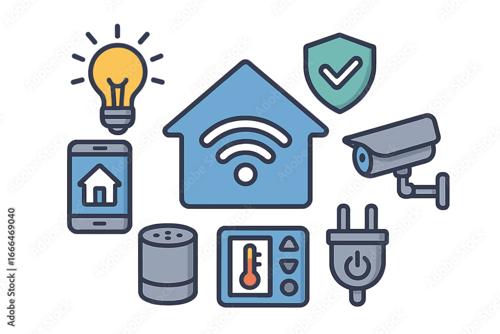 Poster smart home technology icon set. home automation system with remote control via app. vector icons for