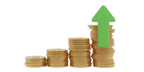 Stack of coins with green arrow pointing up, illustrating financial growth and investment success isolated on transparent background