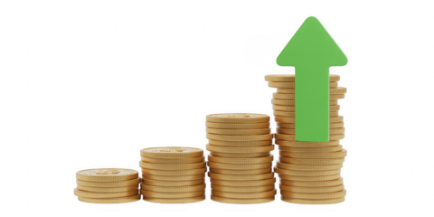 Stack of coins with green arrow pointing up, illustrating financial growth and investment success isolated on transparent background