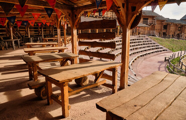 Rustic outdoor tavern at a medieval festival.