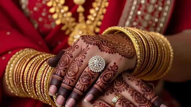 Close Up of Hands Adorned with Henna Gold Bangles and Jewelry on a Red Dress Against a Dark Backdrop Showing Intricate Wedding Decoration