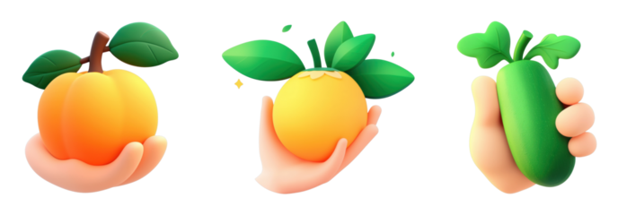 Colorful cartoon fruits held in hands