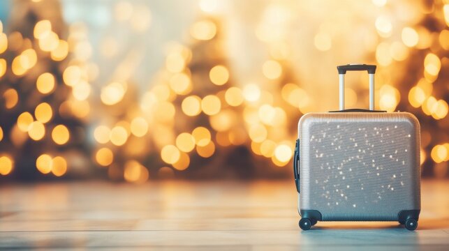 Shiny silver suitcase stands on a floor with festive bokeh lights in background