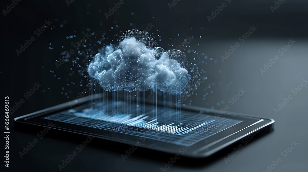Aufkleber a digital cloud hovers above a sleek tablet displaying a chart symbolizing cloud computing and data 