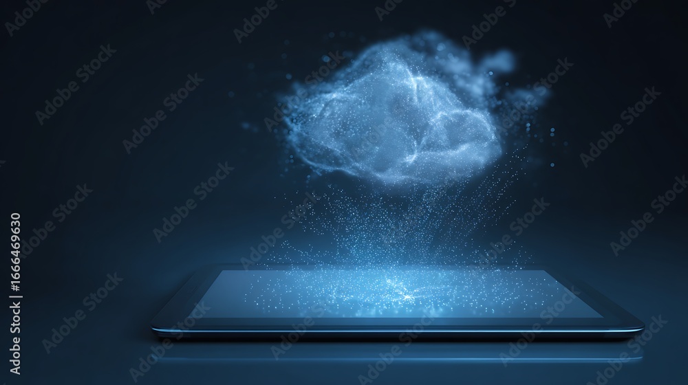 Fototapete cloud computing display: visual representation of data hovering above a tablet symbolizing technolog