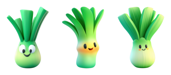 Cheerful cartoon leeks with expressive faces