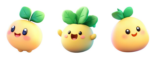 Cute animated characters resembling cheerful fruits with leaves