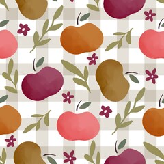 Seamless pattern with watercolor apples leaves and flowers featuring autumn harvest orchard and rustic cozy fruit illustration perfect for fabric wallpaper and surface design