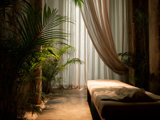
beautiful minimalist massage room, natural materials, linen curtains, soft light filtering in, tropical plants, modern spa ambiance

