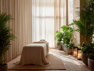 
beautiful minimalist massage room, natural materials, linen curtains, soft light filtering in, tropical plants, modern spa ambiance


