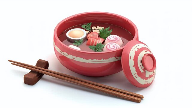 Delicious Japanese Ramen Bowl: 3D Render of a vibrant red bowl filled with ramen noodles, egg, fish cakes, and garnishes.  Chopsticks rest nearby.