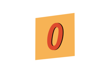 Red letter 0 on orange square background minimal typography element for stickers, labels, posters, scrapbook, and modern graphic decoration on transparent background