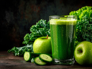 
freshly blended green detox juice with cucumber, celery, kale, and apple, condensation on the glass, refreshing and clean

