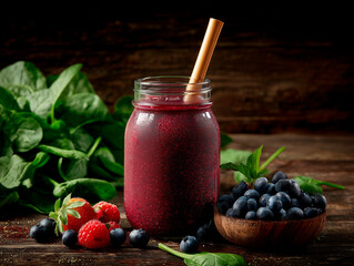 
glowing smoothie in a glass jar with a bamboo straw, surrounded by fresh berries and spinach leaves, vibrant colors, health-focused setup


