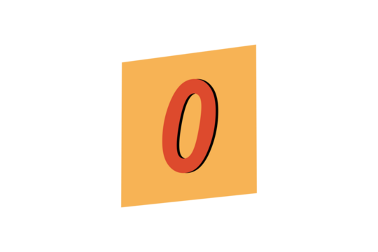 Red letter 0 on orange square background minimal typography element for stickers, labels, posters, scrapbook, and modern graphic decoration on transparent background