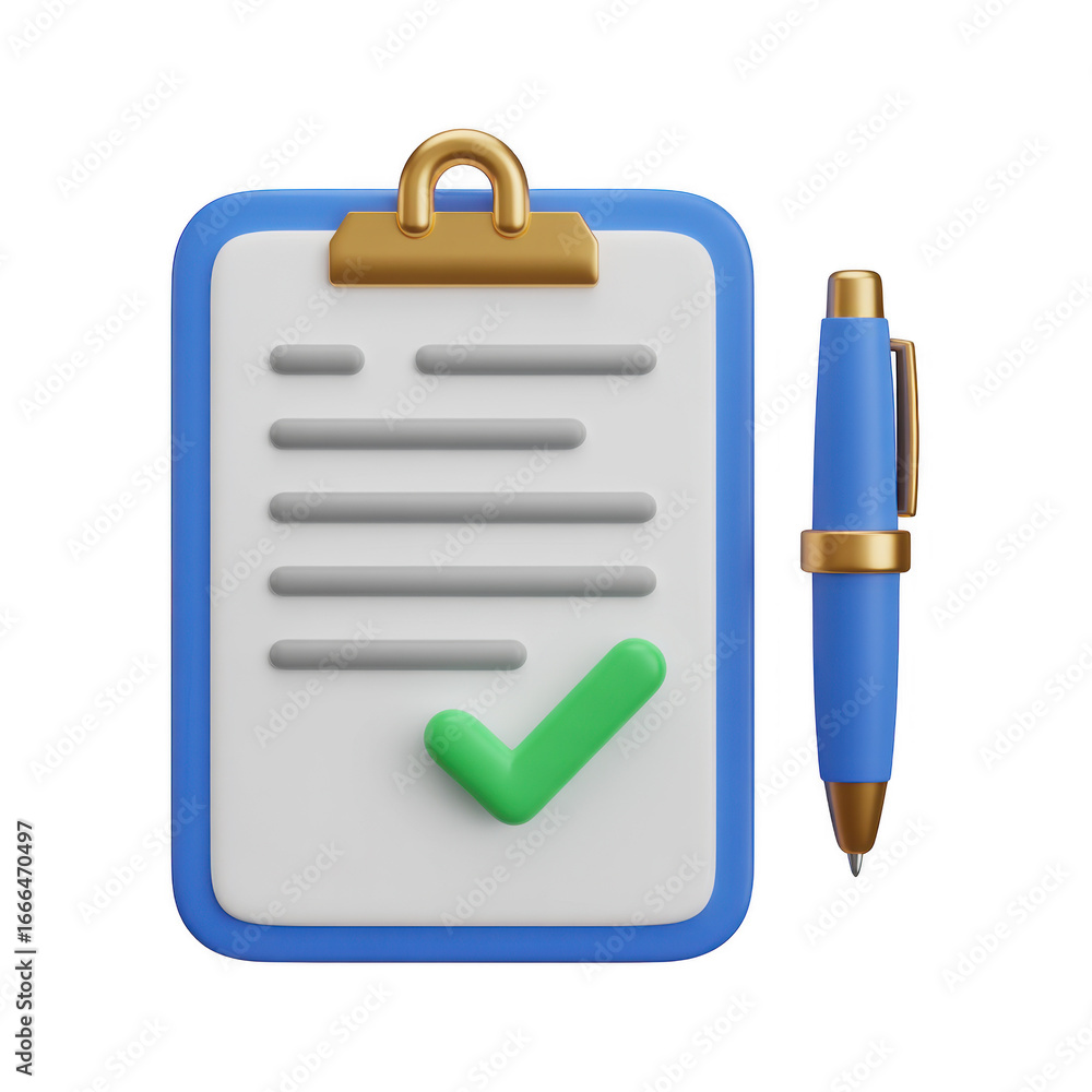 Poster clipboard with check mark and pen isolated on transparent background, representing task management a