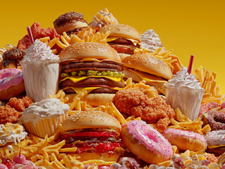 
pile of fast food items including fries, burgers, fried chicken, and milkshakes, messy and excessive, over-the-top visuals

