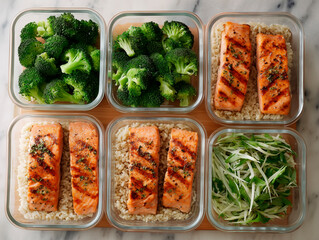 
top view of a clean meal prep layout, grilled salmon, brown rice, steamed broccoli, organized and aesthetic, fitness lifestyle

