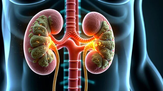 Kidney cancer, tumor growth, renal disease. Health decline. Tumors disrupt organ function. Cells mutate increasing malignancy risk. Symptoms manifest through pain severity.