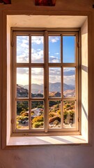 A light-filled window, showcasing a picturesque landscape of rolling hills and valleys, bathed in warm sunlight, and tranquil countryside, viewed from a high vantage point.