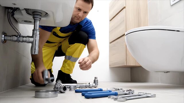 Professional Plumber Installing New Plumbing Pipes Under a Sink in a Modern Bathroom