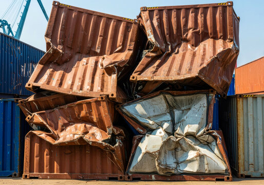 Damaged shipping containers stacked at a cargo terminal reveal the impact of harsh weather conditions on maritime transport