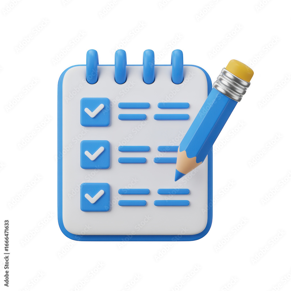 Poster a 3d render of a checklist with a pencil, isolated on transparent background