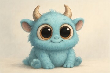 Fototapeta premium Adorable blue monster with horns.