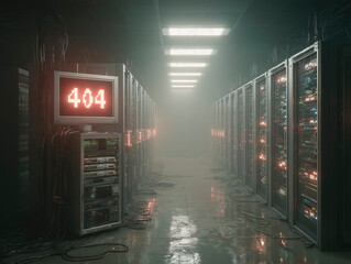 
A meticulously rendered data server room, with rows of blinking lights, intricate wiring, and one server rack distinctly powered down, its screen showing "404." Volumetric dust motes, realistic metal