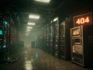 
A meticulously rendered data server room, with rows of blinking lights, intricate wiring, and one server rack distinctly powered down, its screen showing "404." Volumetric dust motes, realistic metal