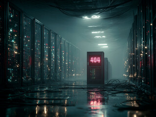
A meticulously rendered data server room, with rows of blinking lights, intricate wiring, and one server rack distinctly powered down, its screen showing "404." Volumetric dust motes, realistic metal