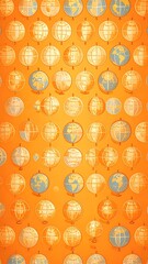 A repeating pattern of vintage-style globes on an orange background, showcasing different world maps.