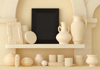 Beige shelf display with decorative objects