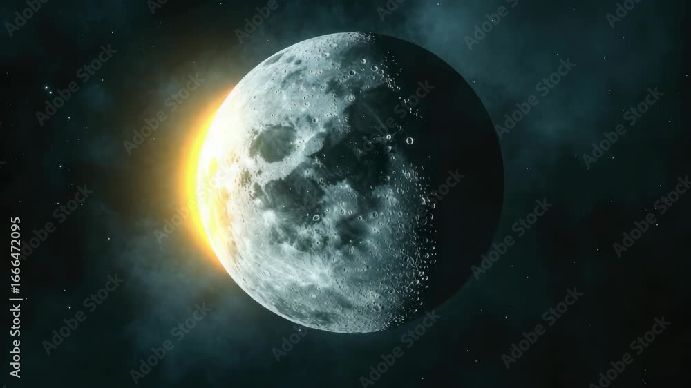 Canvas Prints an depicting a moon in space with stars and a distant sun.