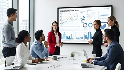 Engaging Business Presentation: Team Analyzing Revenue Model Data in Modern Office Setting - Powered by Adobe